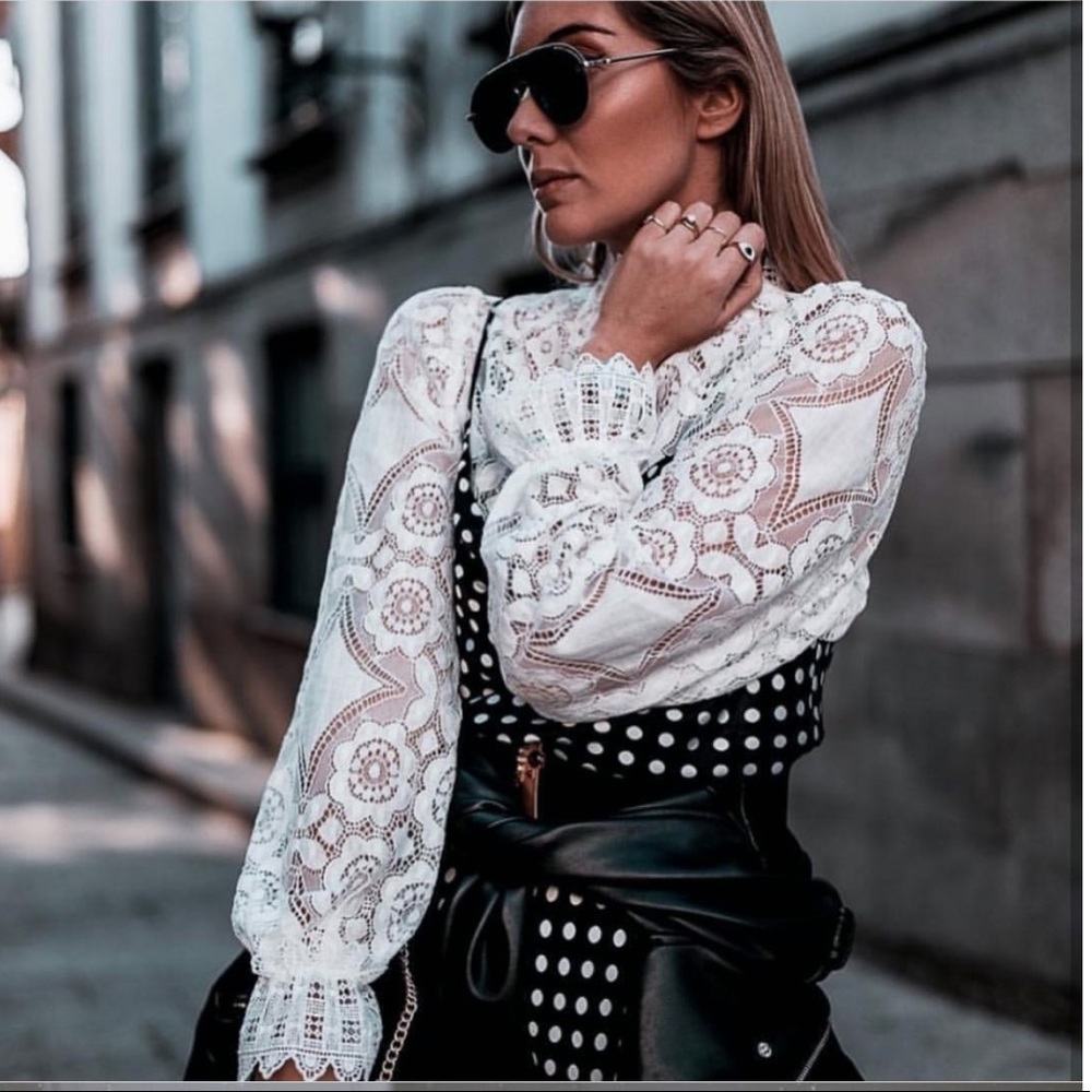 Long Sleeve High Neck Lace Blouse White Boho Chic - Picture 9 of 16